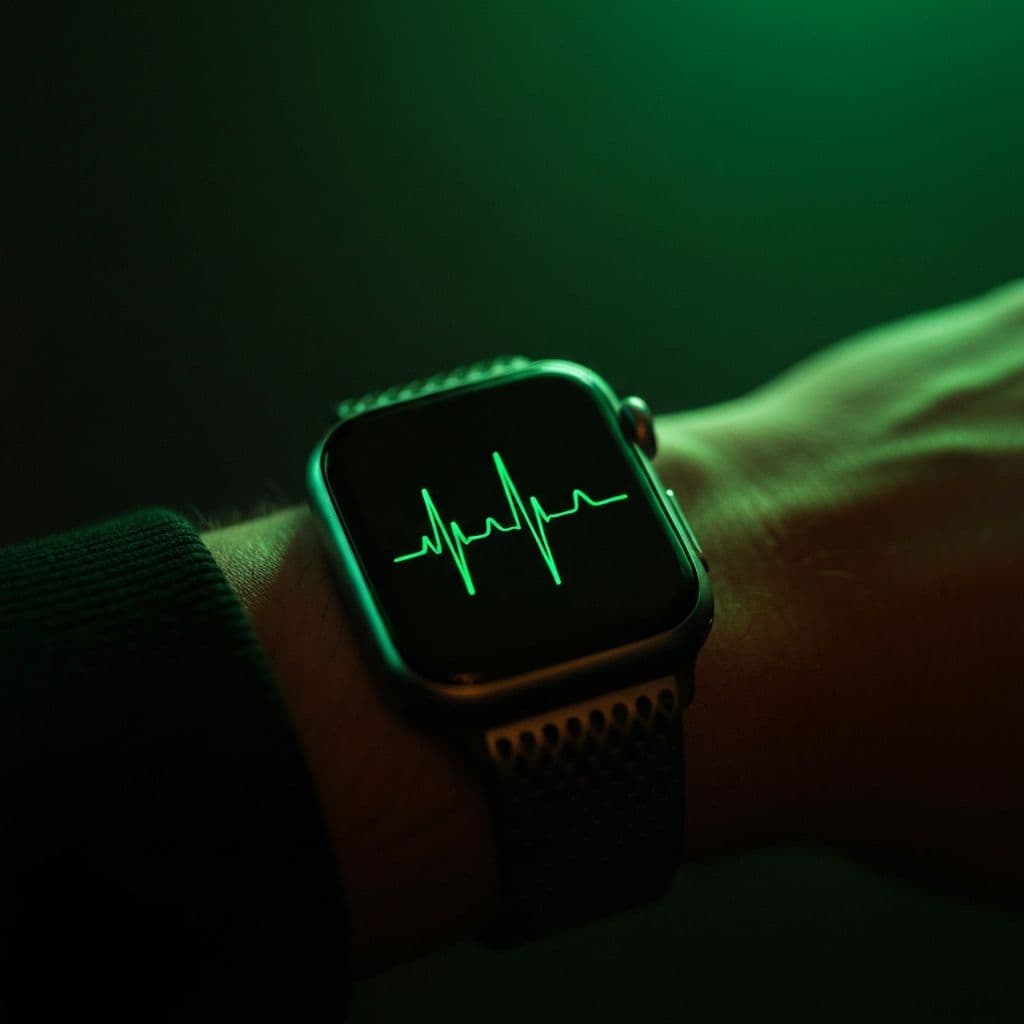 Apple Watch on a wrist showing a green pulse line on a dark screen